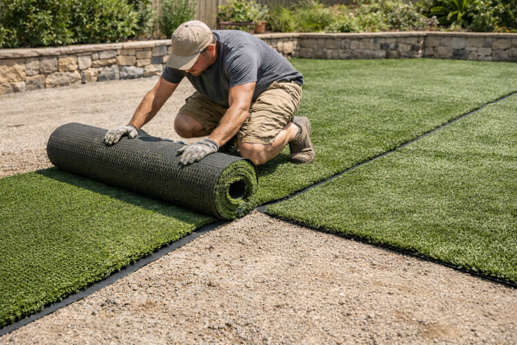 Worker laying synthetic turf base mesh and foundation layers in residential yard with retaining wall