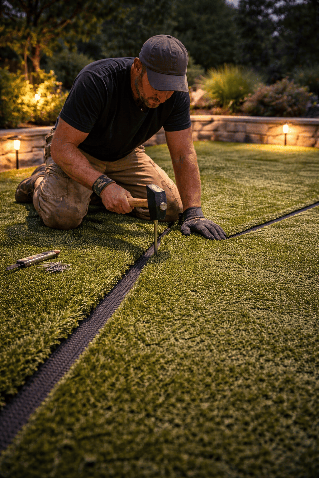 Landscaper installing irrigation system and drainage line in lawn at night