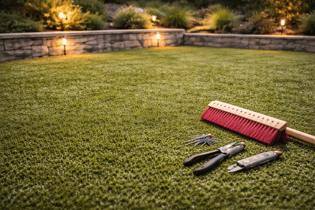 Gardening and landscaping hand tools including broom, rake and pruners on grass