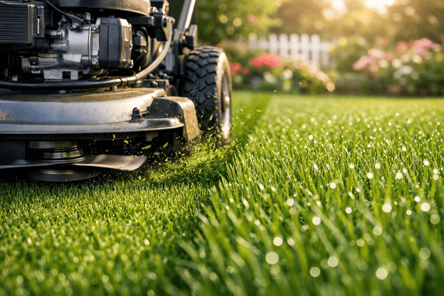 Lawnmower cutting lush green grass with flowering shrubs in garden background