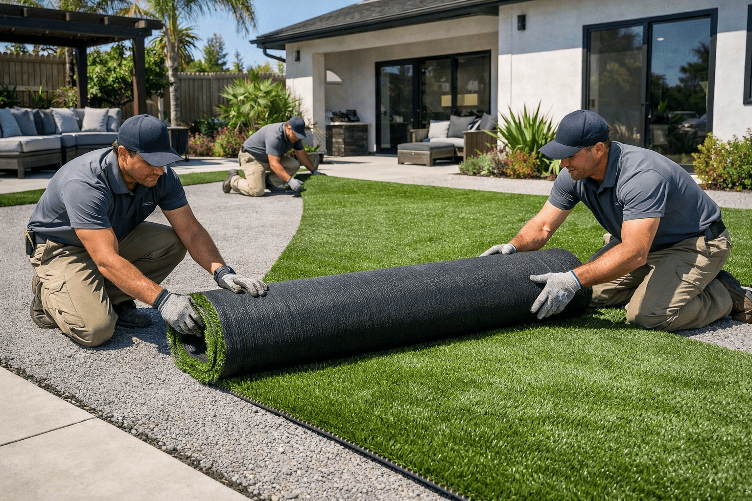 Two workers rolling out synthetic turf substrate layers during installation in residential backyard