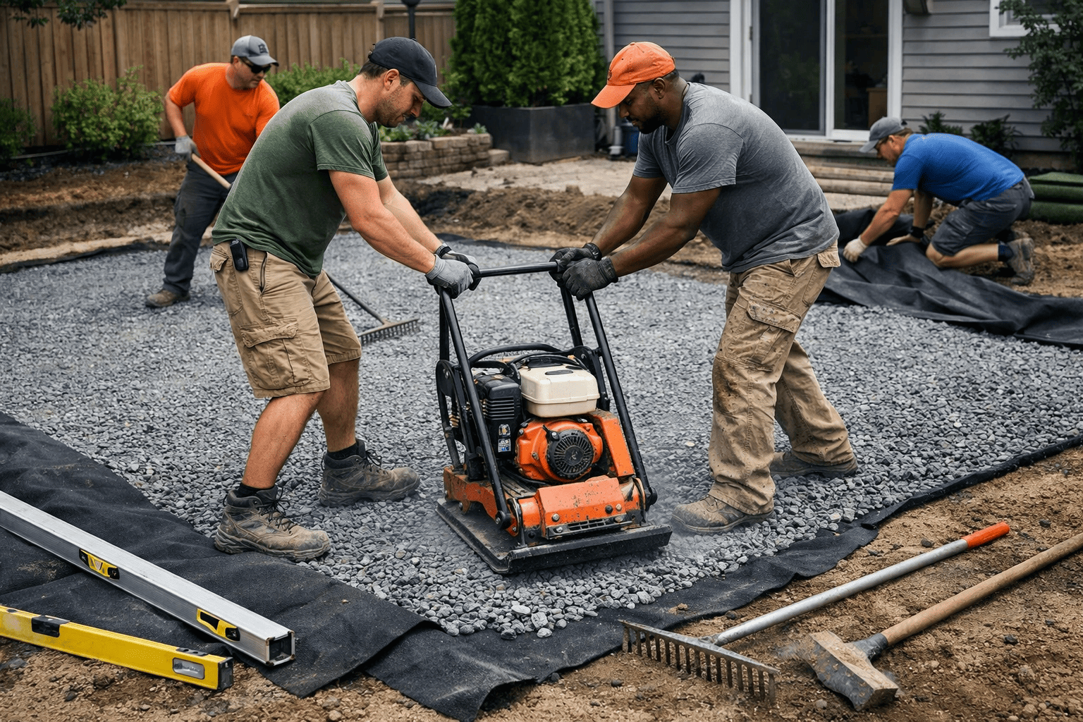 Work crew compacting base foundation with machine for synthetic turf installation in residential yard