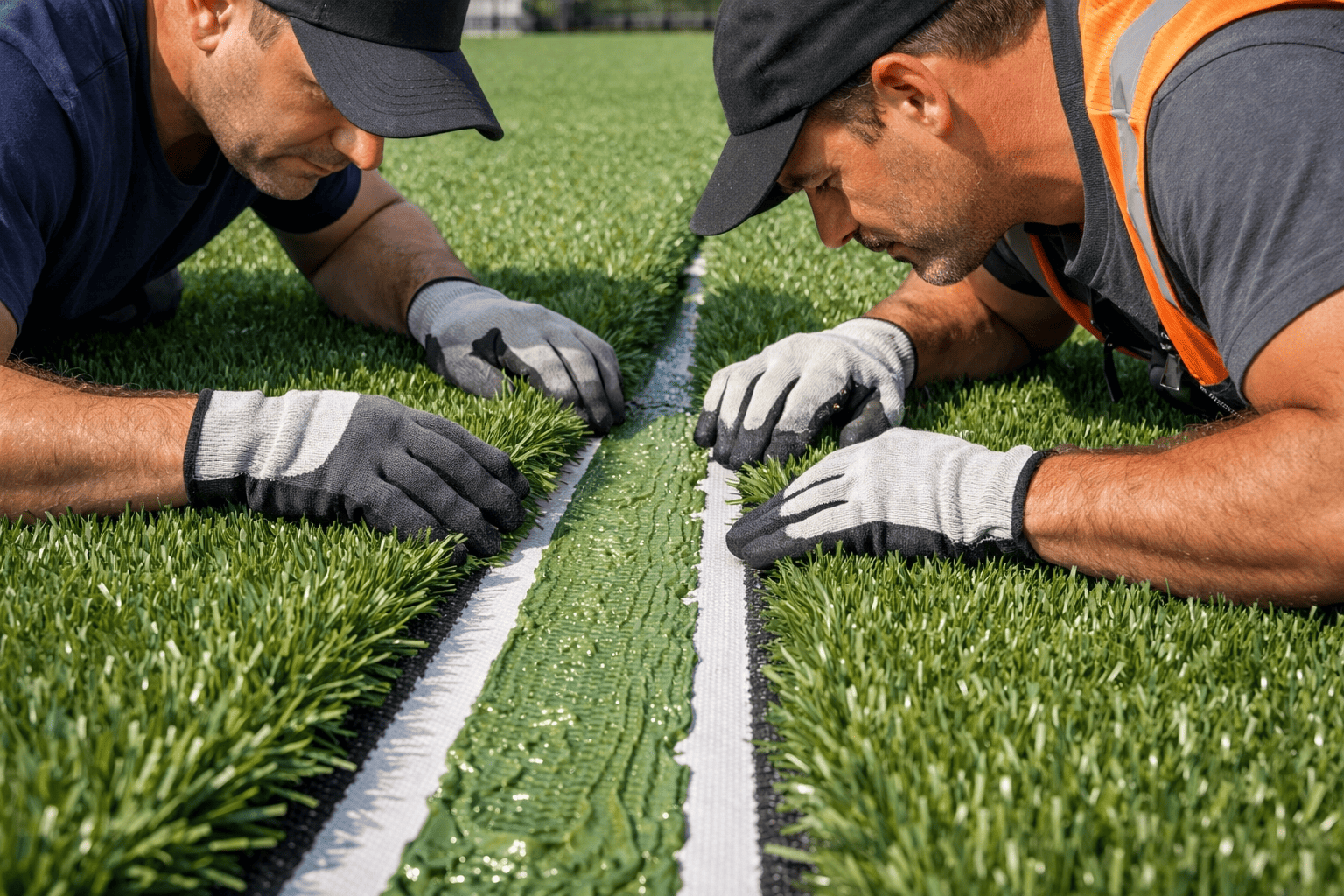 Two workers seaming and bonding synthetic turf together with white binding tape and adhesive