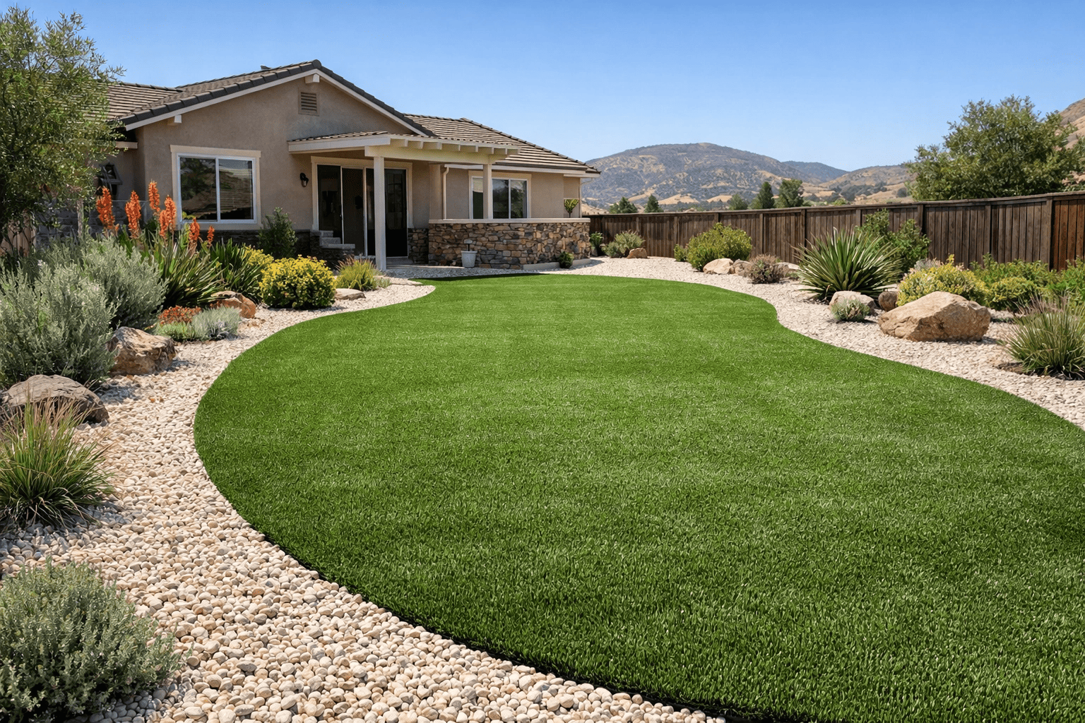 Synthetic turf landscape with curved lawn, river rock borders, drought-resistant plants, and modern home design