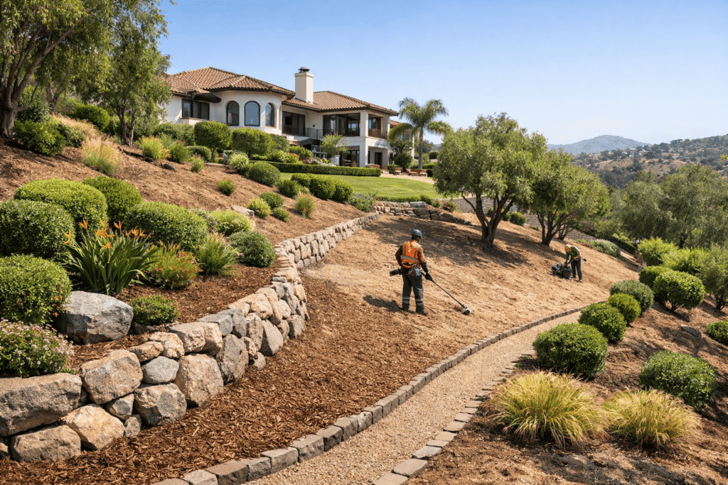 Landscaper raking and maintaining sloped yard with stone retaining walls, shrubs, and native plants